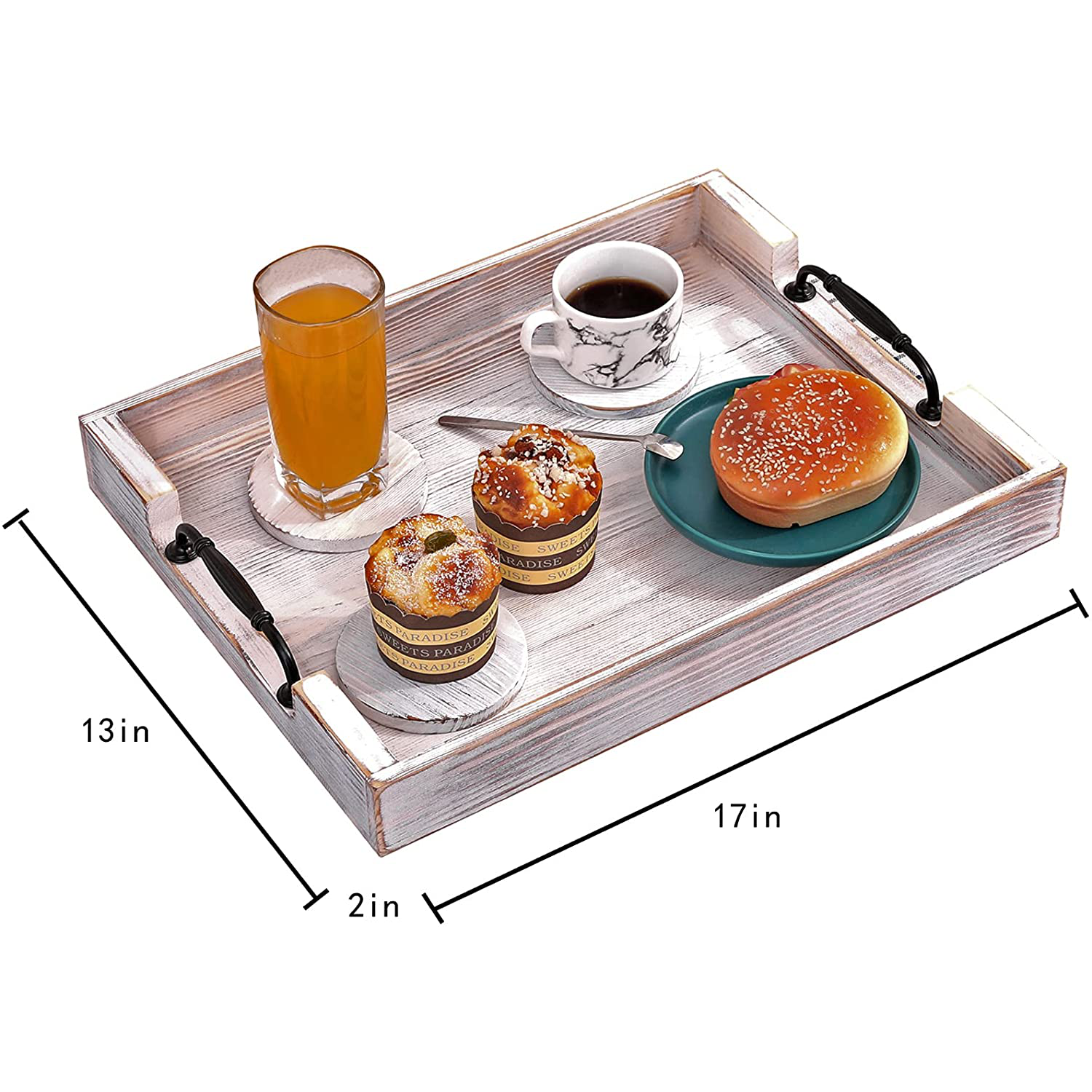 Wooden Serving Tray with Handle Large Ottoman Rustic Wooden Trays for Coffee Table,Ottoman Trays Home Decor Farmhouse Tray,Bed Tray for Breakfast in Bed,Dinner Tray,Including 4 Round Wooden Coasters