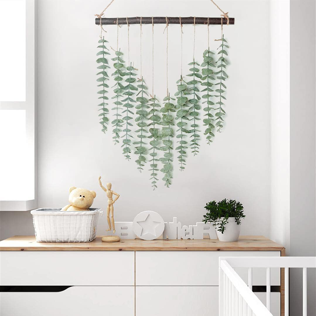 Artificial Eucalyptus Greenery Hanging Wall Decor Fake Eucalyptus Vines Wall Hanging Plants with Wooden Stick Farmhouse Rustic Boho Wall Decor for Bedroom, Living Room, Entryway and Bathroom Decor