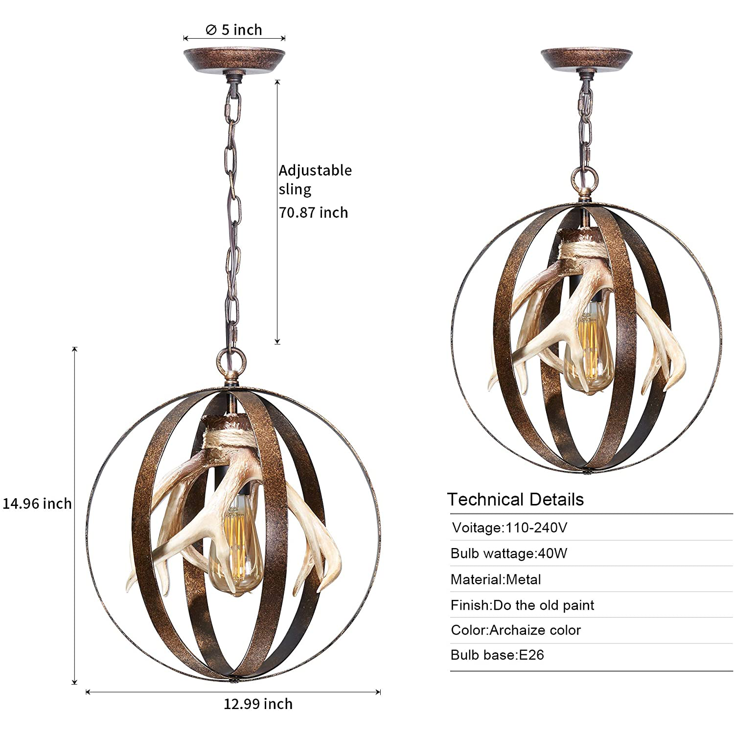 Rustic Farmhouse Chandelier Vintage Globe Pendant Hanging Light Small Antler Ceiling Light Fixture for Kitchen Island Dining Room Foyer Entryway Cabin Decor Light