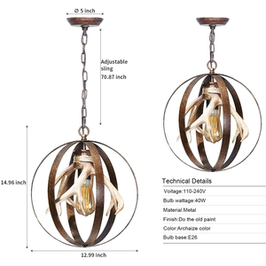 Rustic Farmhouse Chandelier Vintage Globe Pendant Hanging Light Small Antler Ceiling Light Fixture for Kitchen Island Dining Room Foyer Entryway Cabin Decor Light