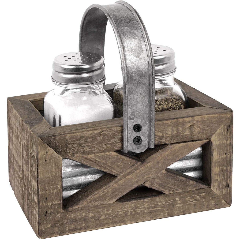 Autumn Alley Barn Door Rustic Salt and Pepper Shakers Set in Wood and Galvanized Caddy | Farmhouse Salt and Pepper Shakers For Rustic Kitchen Decor | Rustic Kitchen Accessory for your Country Kitchen