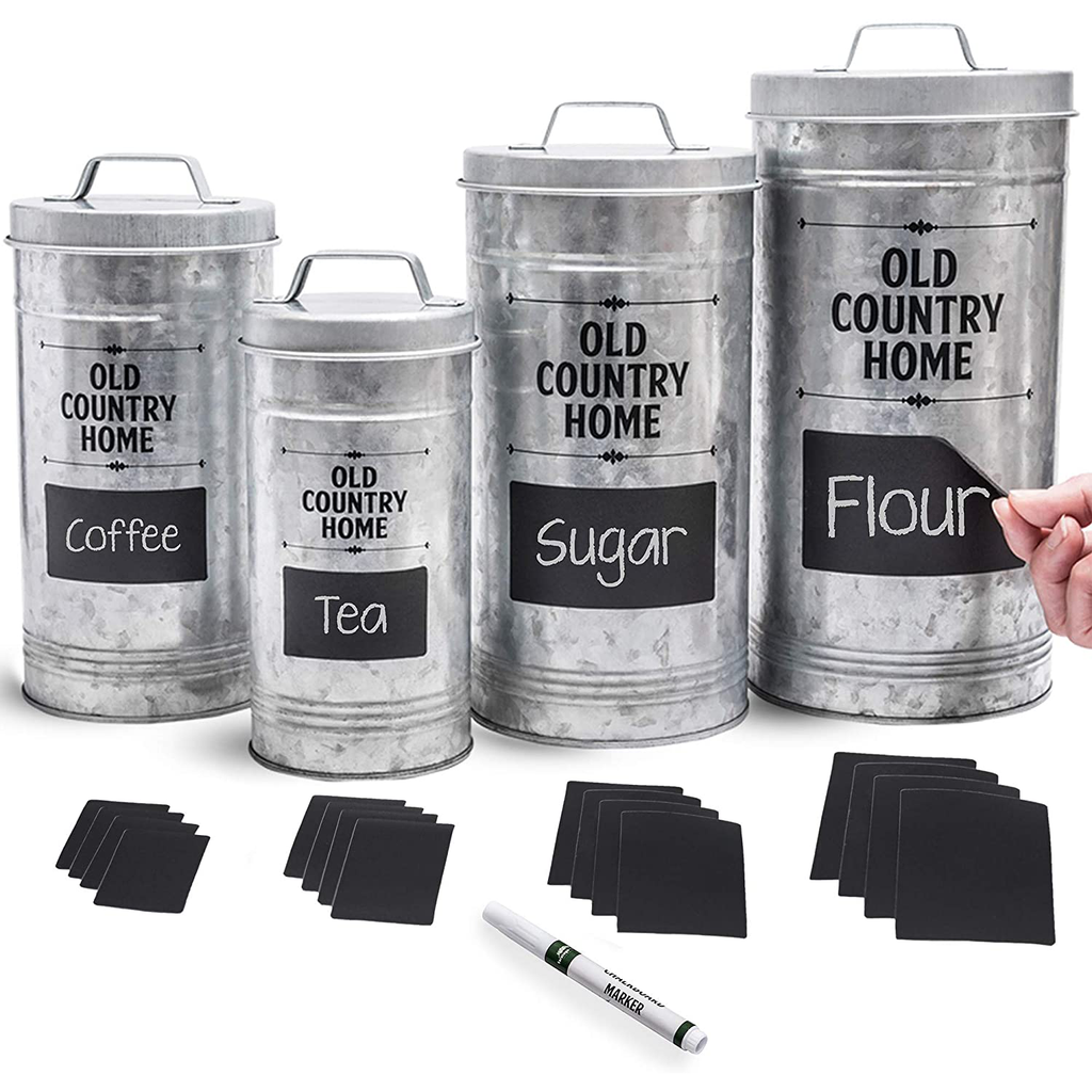 Farmhouse Kitchen Canisters Set by Saratoga Home - Bonus Removable Chalkboard Labels & Marker Included, 4 Airtight Rustic Galvanized Decor Counter Containers for Sugar, Flour, Coffee or Tea Storage
