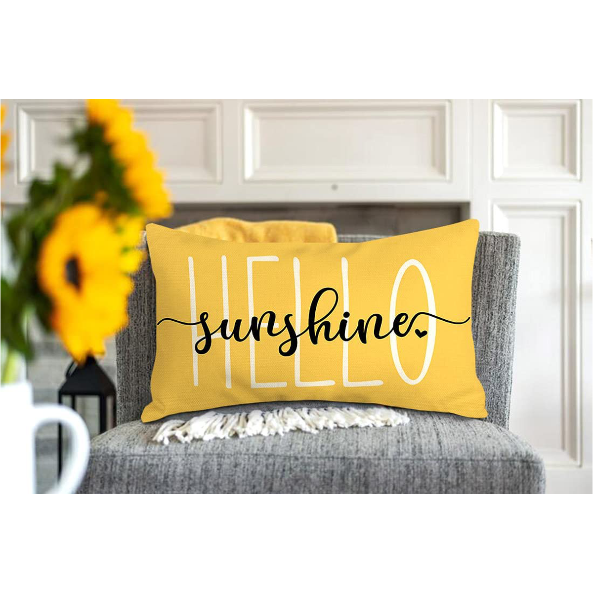 Yellow Spring Summer Farmhouse Hello Sunshine Pillow Cover - 12x20 Inches