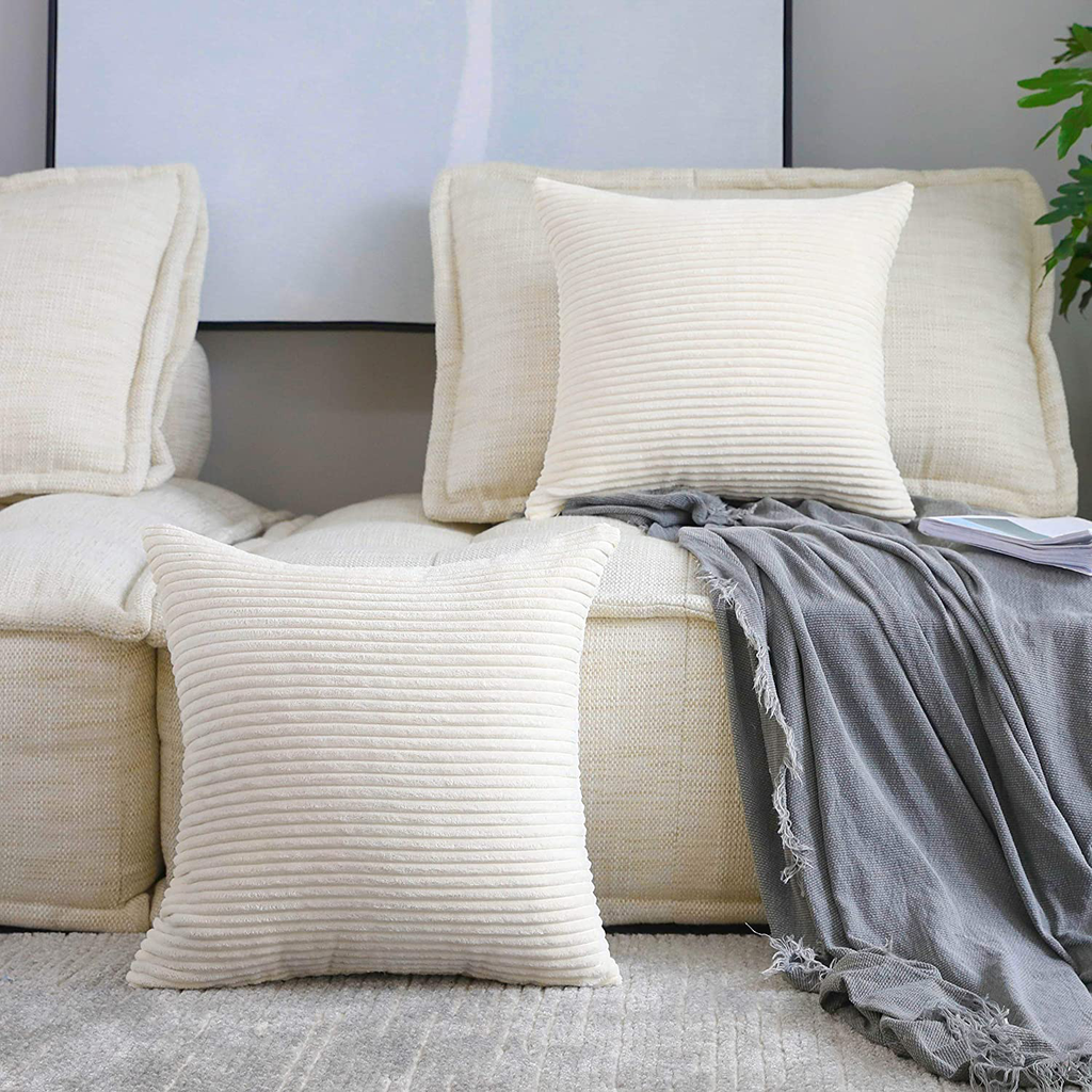 Home Brilliant Cream Pillow Covers Decorative Set of 2 Striped Corduroy Plush Velvet Pillowcases Cushion Cover for Couch, 18x18 inch, Cream Cheese