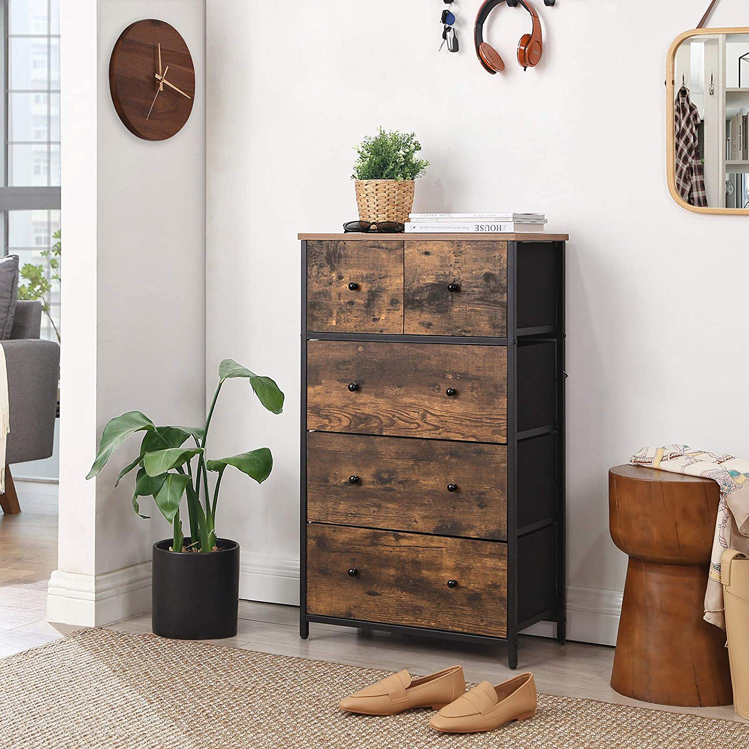 Rustic Storage Dresser Tower with 5 Fabric Drawers