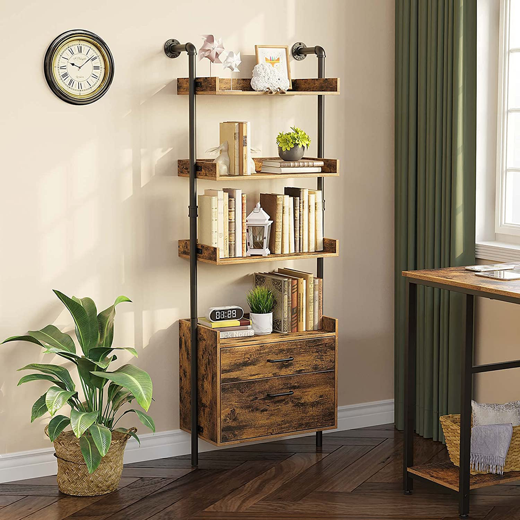 Industrial Bookshelf with 2 Wood Drawers, Wall Mounted 4-Tier Bookcase with Stable Metal Frame