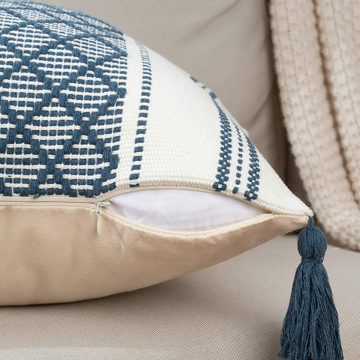 Set of 2 Boho Neutral Decorative Throw Pillow Covers 18x18 Inch, Cotton Woven Diamond Jacquard Pattern Pillow Cases for Couch Sofa Bedroom Car, Modern Accent Square Pillowcase, Blue