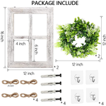 Rustic Window Frame with Wreath Wall Decor, Wood Window Pane Frames Wall Art Hanging Farmhouse Decorations with Plaid Burlap Bow for Home, Outdoor, White 2 Set