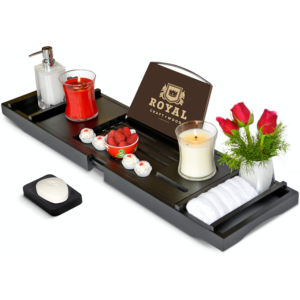 Black Luxury Bamboo Bathtub Caddy Tray, with Book and Wine Holder - 43" Extended Length 