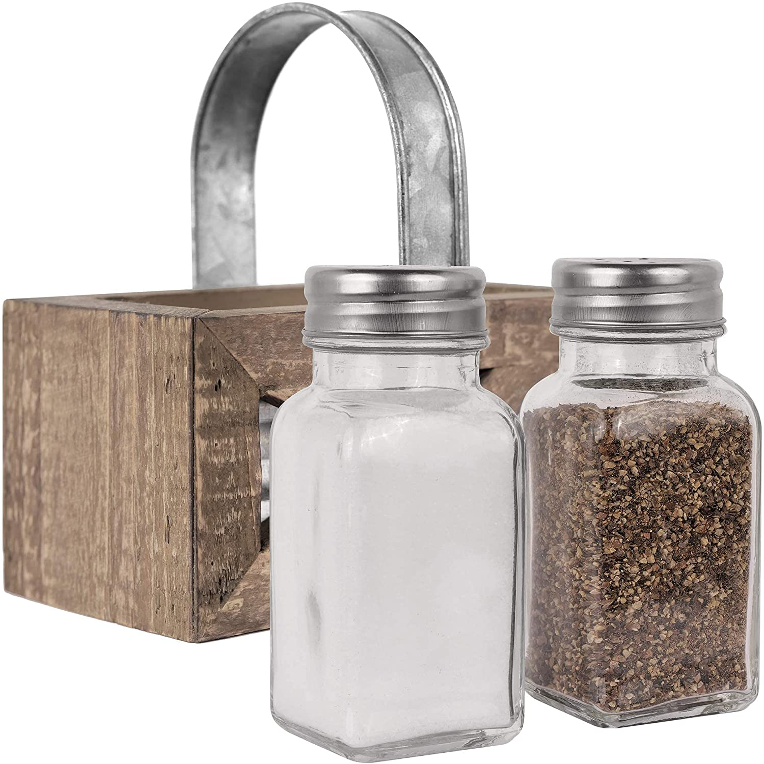Autumn Alley Barn Door Rustic Salt and Pepper Shakers Set in Wood and Galvanized Caddy | Farmhouse Salt and Pepper Shakers For Rustic Kitchen Decor | Rustic Kitchen Accessory for your Country Kitchen